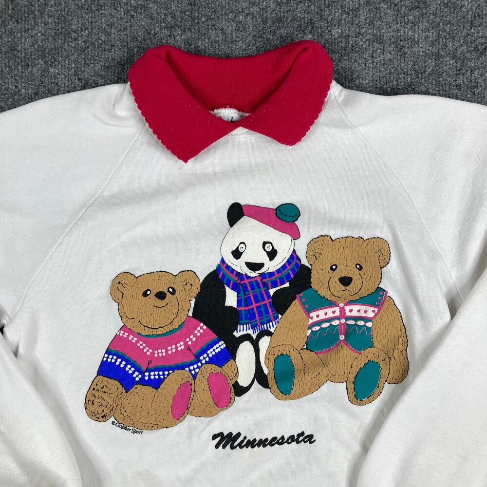 Gopher Sport‎ Sweatshirt Womens Medium White Teddy Bear Print Red Collar